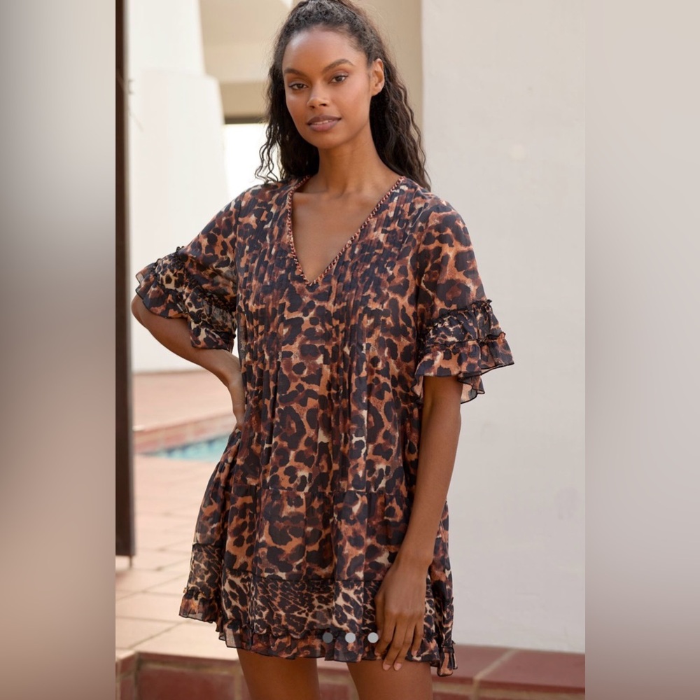 Duet L Frill Mini Dress in Leopard Print (Anthropologie)
